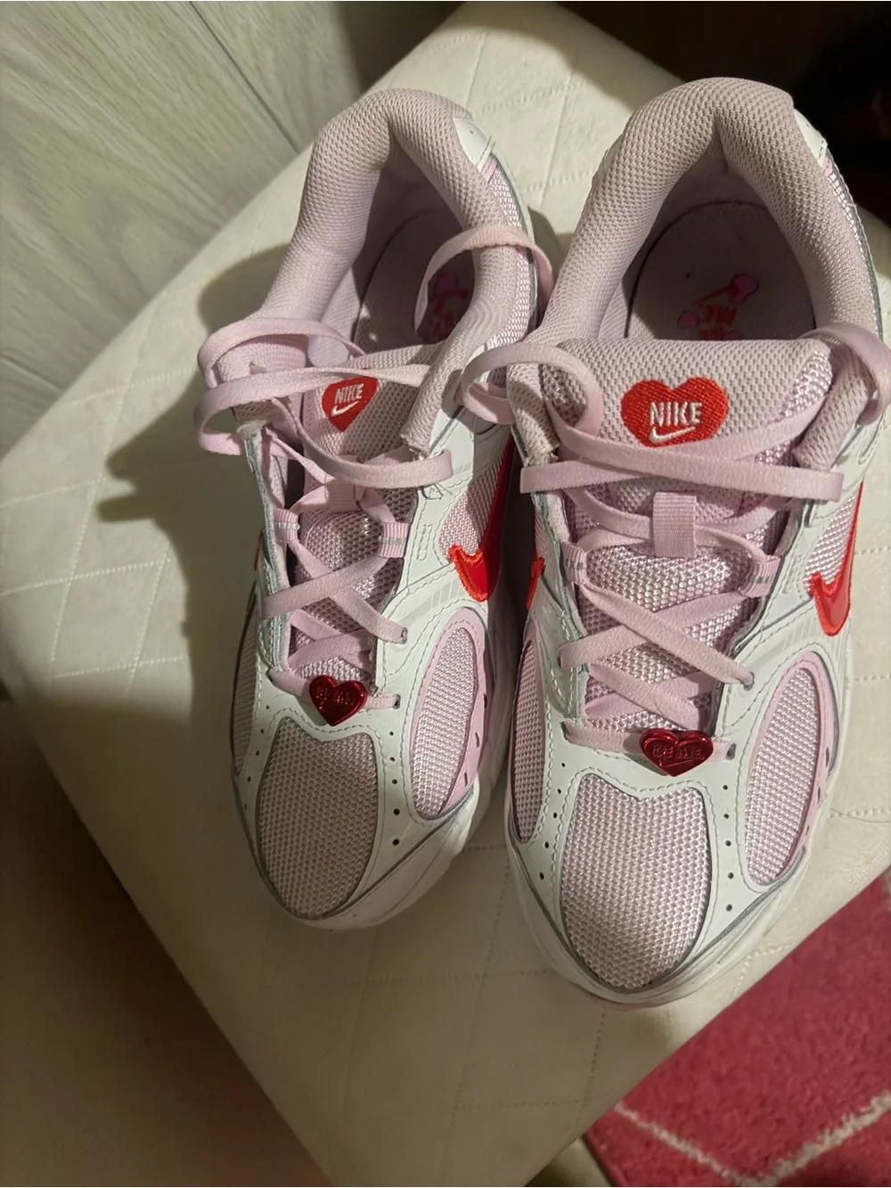 Nike White and Light Pink Sneakers with Red Swoosh